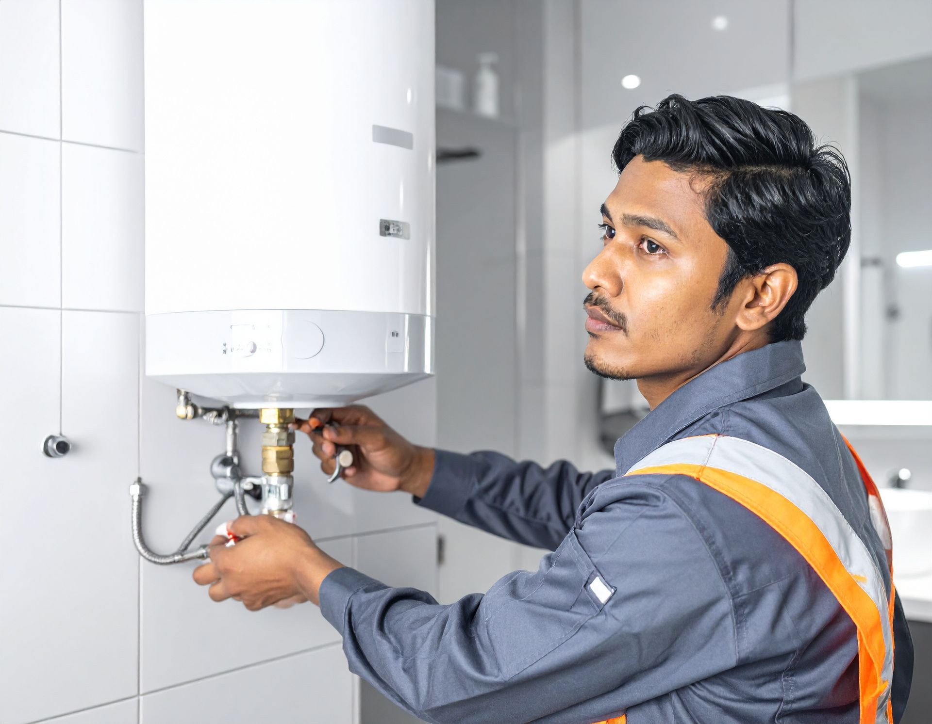 A technician in a grey work uniform uses a tool to repair a white wall-mounted water heater in a tiled room.