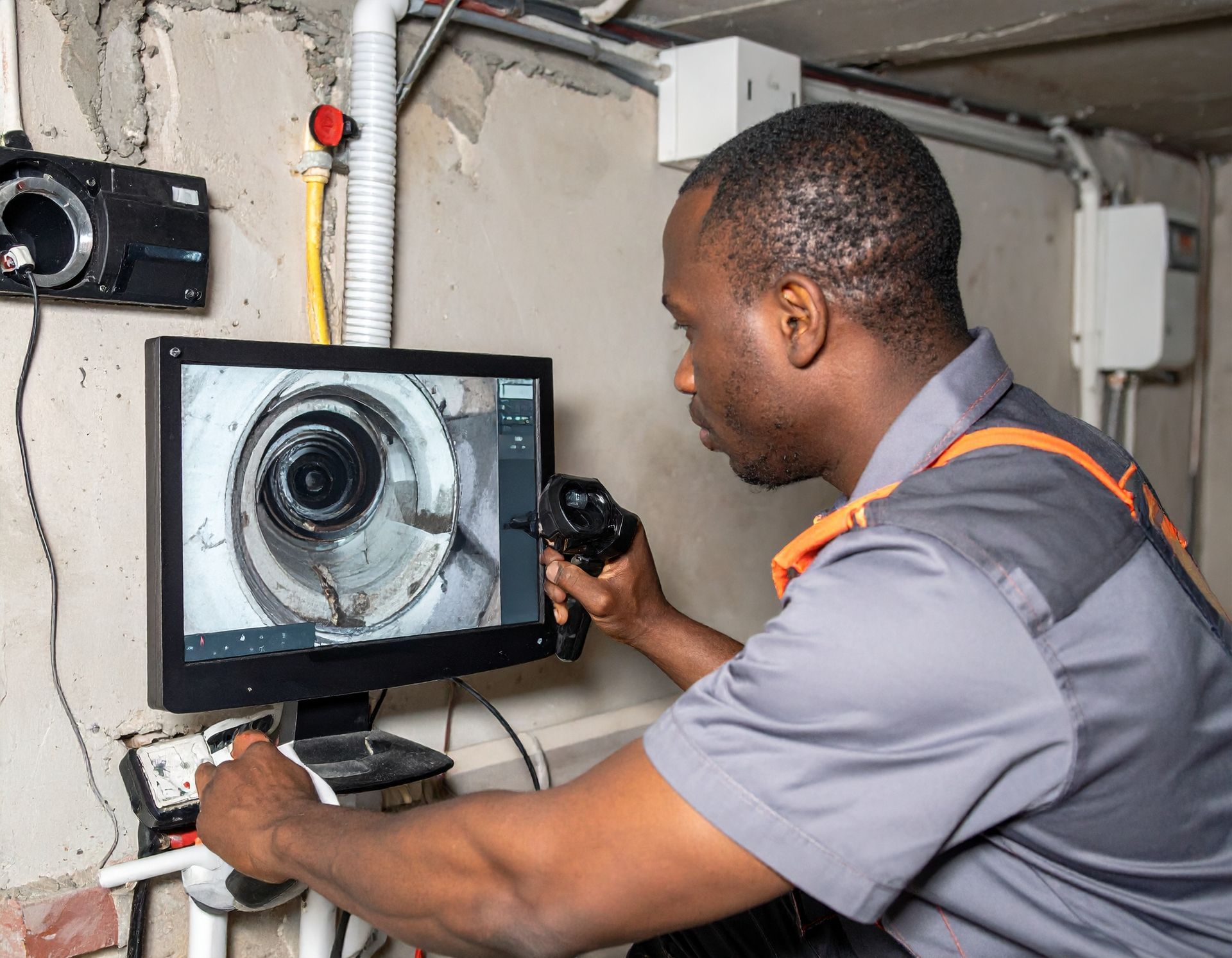 A technician in a gray uniform uses a specialized camera and monitor to inspect the inside of a pipe in a basement.