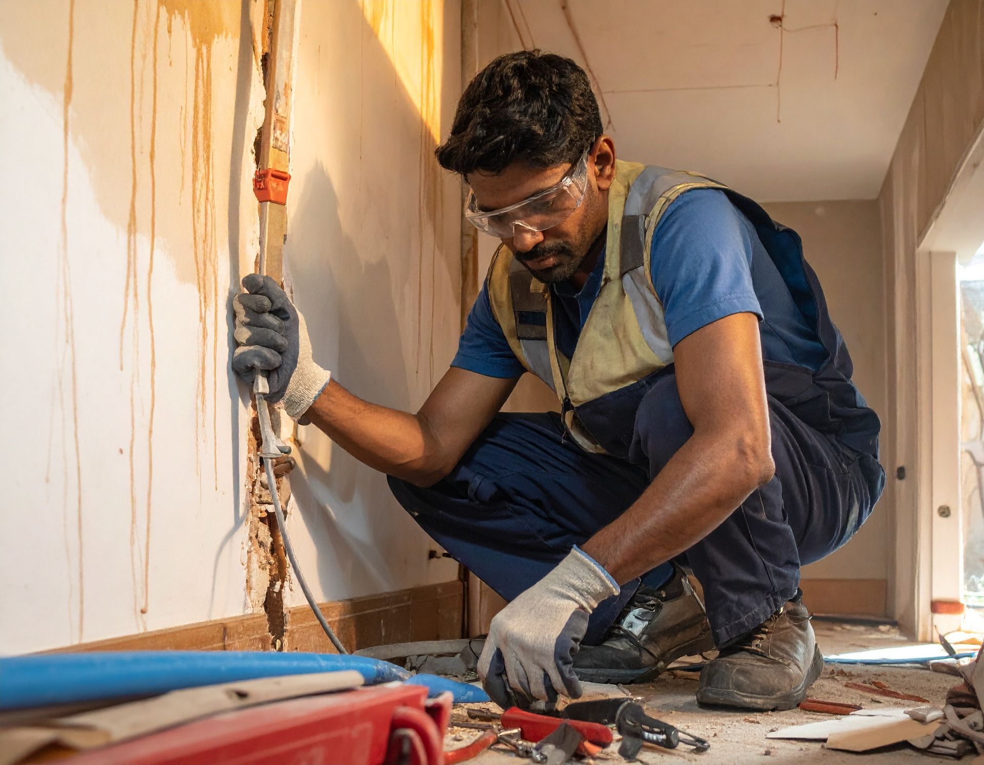 A person wearing safety glasses and gloves kneels on a floor, installing electrical wiring inside a wall.