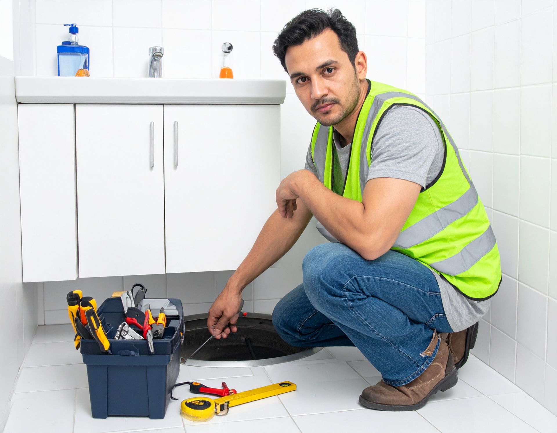 A plumber in a yellow safety vest crouching on a tiled bathroom floor next to a toolbox, working on a floor drain.