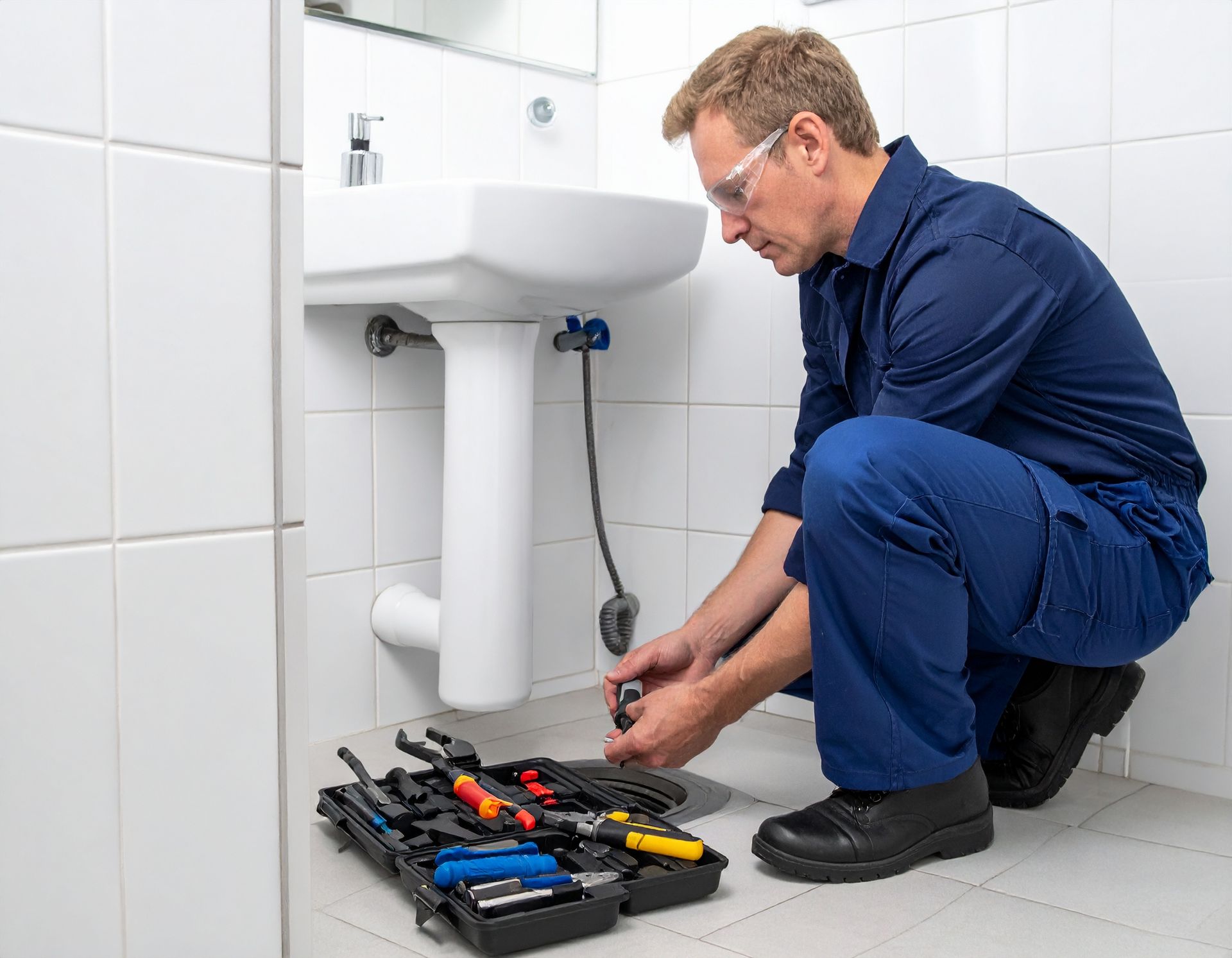 A plumber in blue workwear kneels on a tiled floor, repairing plumbing under a bathroom sink with tools from a kit.