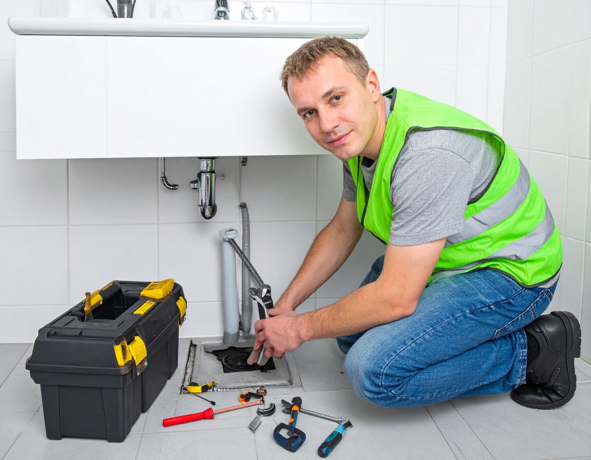 A person in a high-visibility vest kneels on a tiled floor, repairing plumbing under a sink with tools nearby.