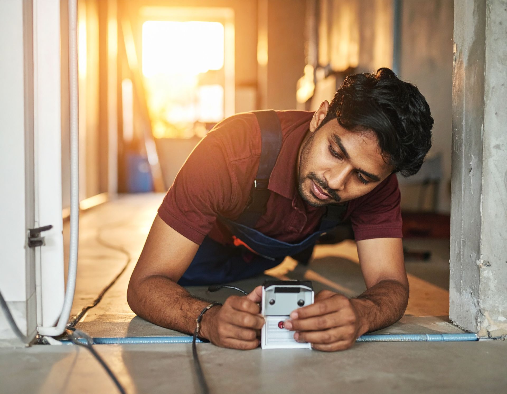 A person in work overalls lying on the floor, using a digital level to inspect a concrete floor in an unfinished room.
