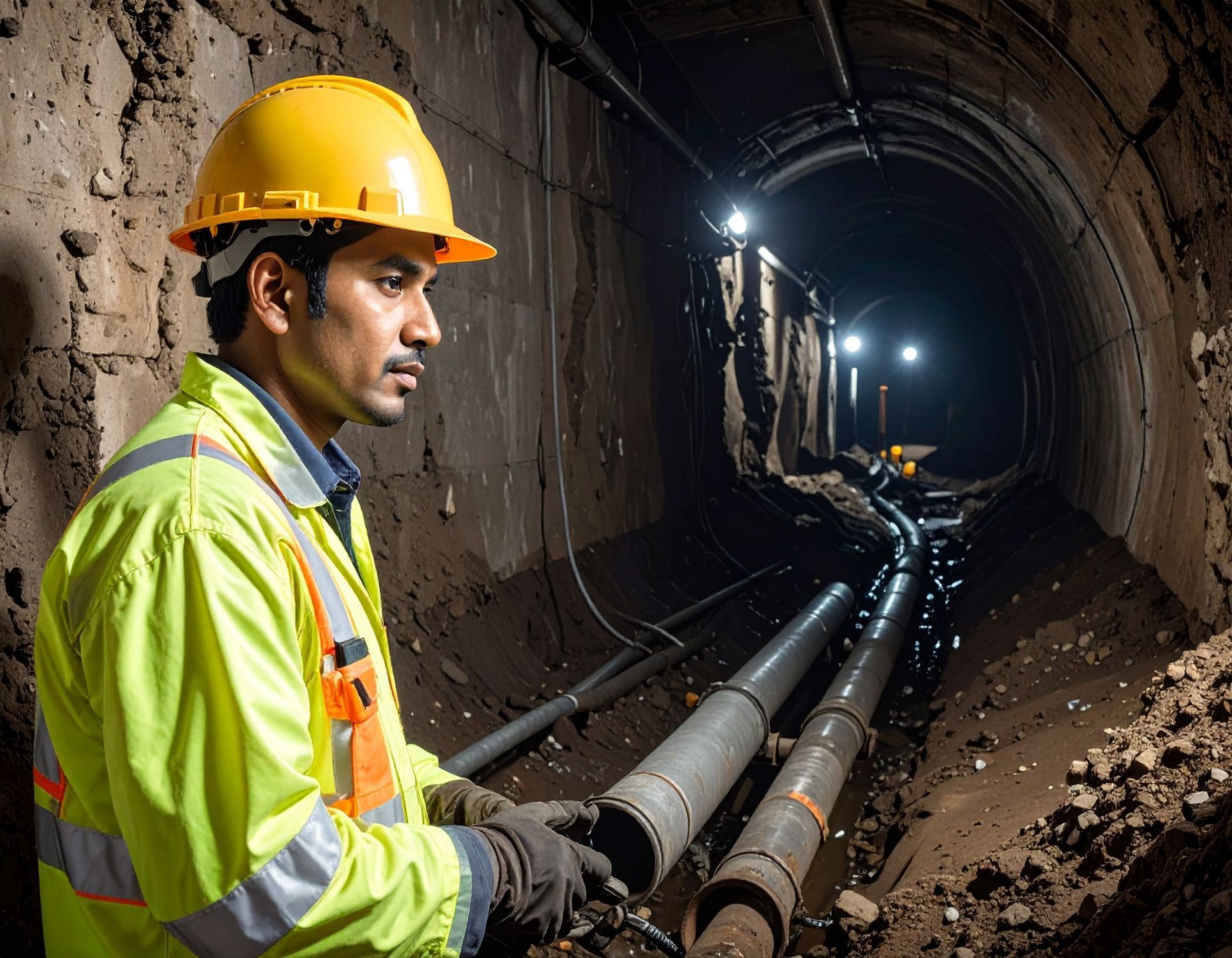 A worker in a yellow hard hat and reflective jacket inspects pipes inside a dimly lit, dirt-walled underground tunnel.