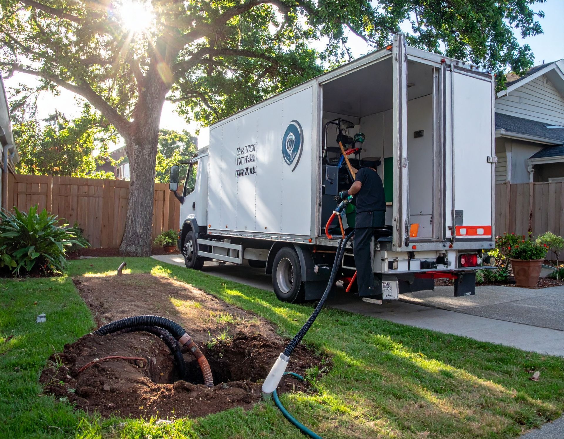 A technician uses equipment from the back of a white service truck to work on a hole dug in a residential front lawn.