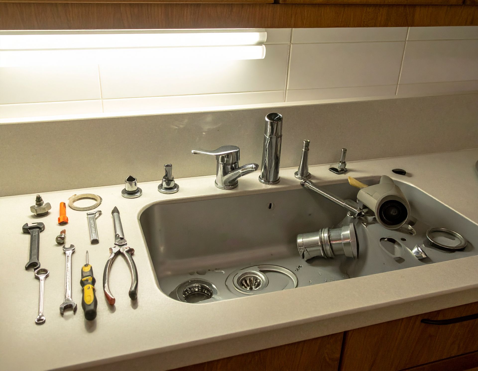 Kitchen sink with disassembled faucet parts and various plumbing tools arranged on the countertop.