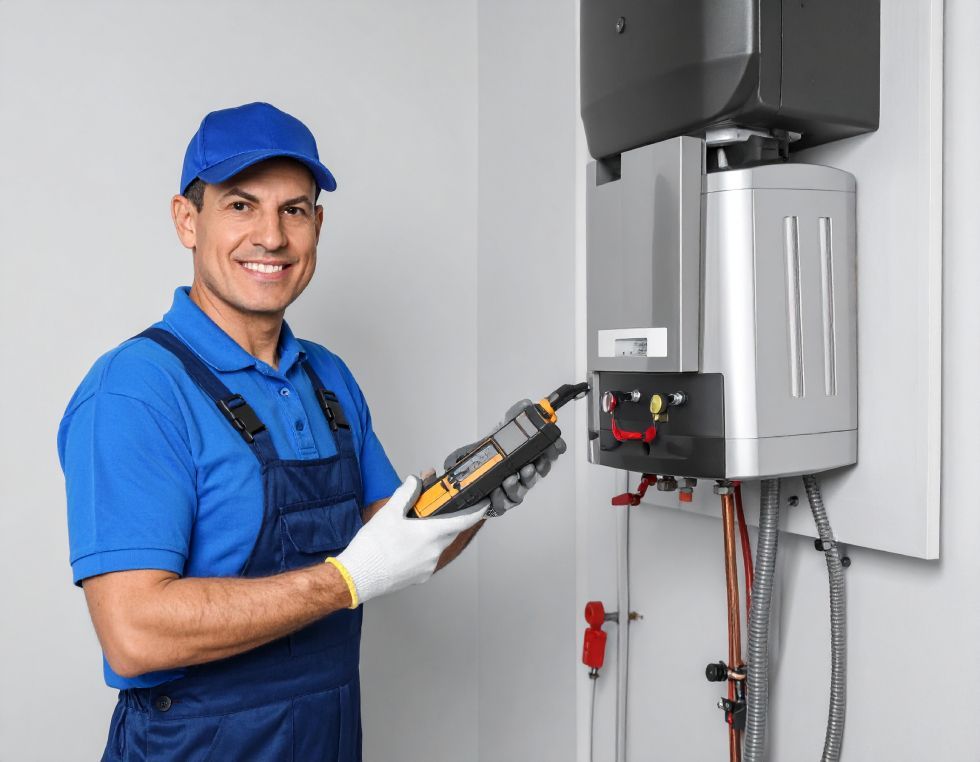 Plumber in blue overalls smiling, testing a wall-mounted boiler with a meter.