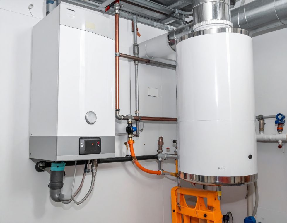 Two white boilers on a white wall with copper pipes and ventilation ducts.