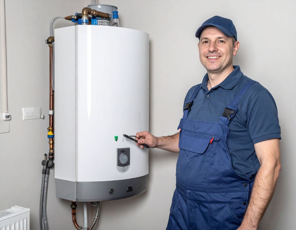 Plumber in blue overalls smiling next to a white water heater, pointing at control panel.