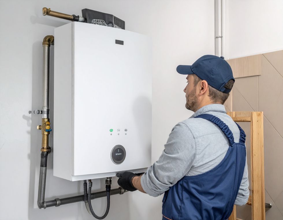 Plumber in blue overalls installing a white wall-mounted boiler in a utility room.