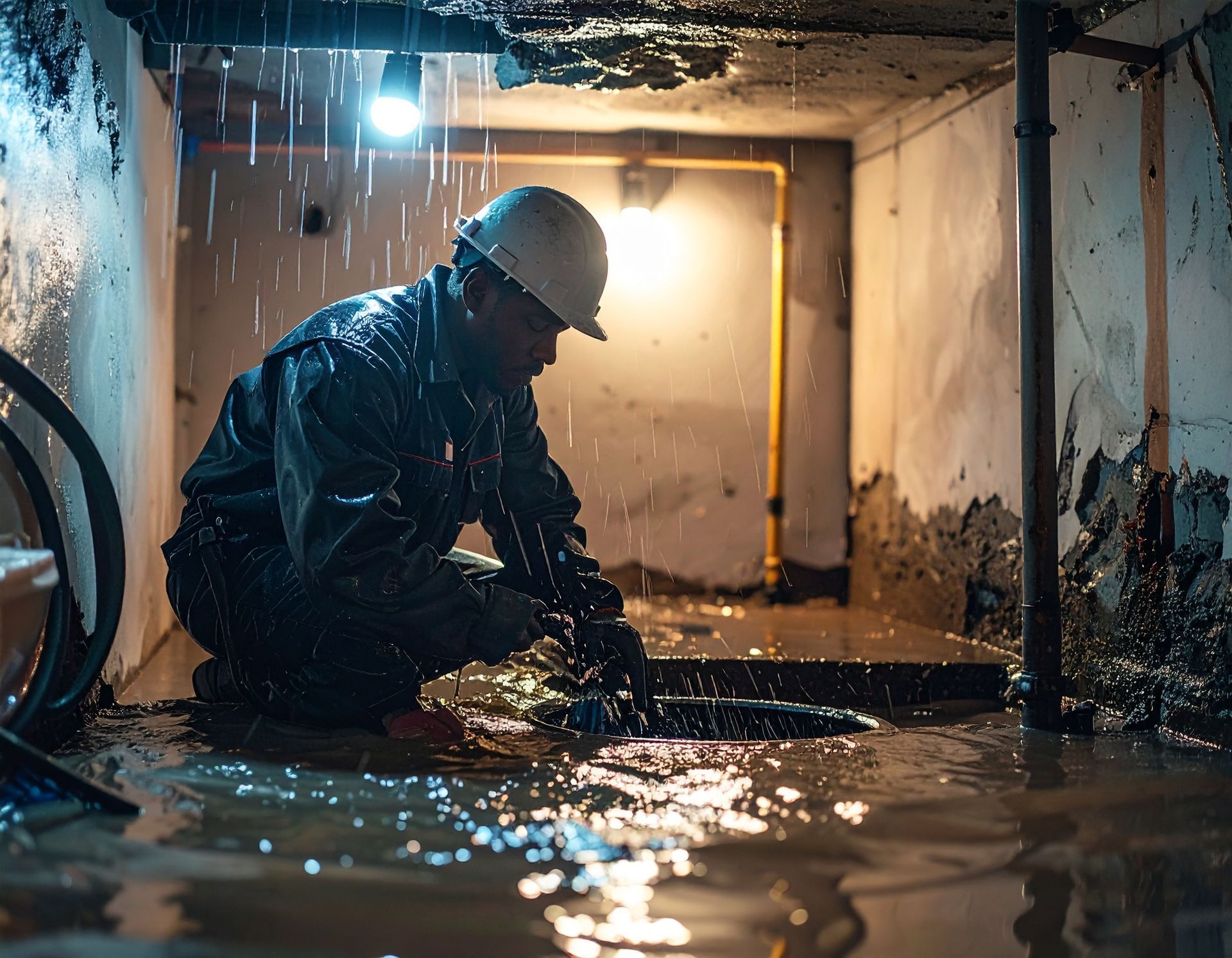A worker in a hard hat crouches in a flooded basement, working on a utility pipe amidst water spraying from above.