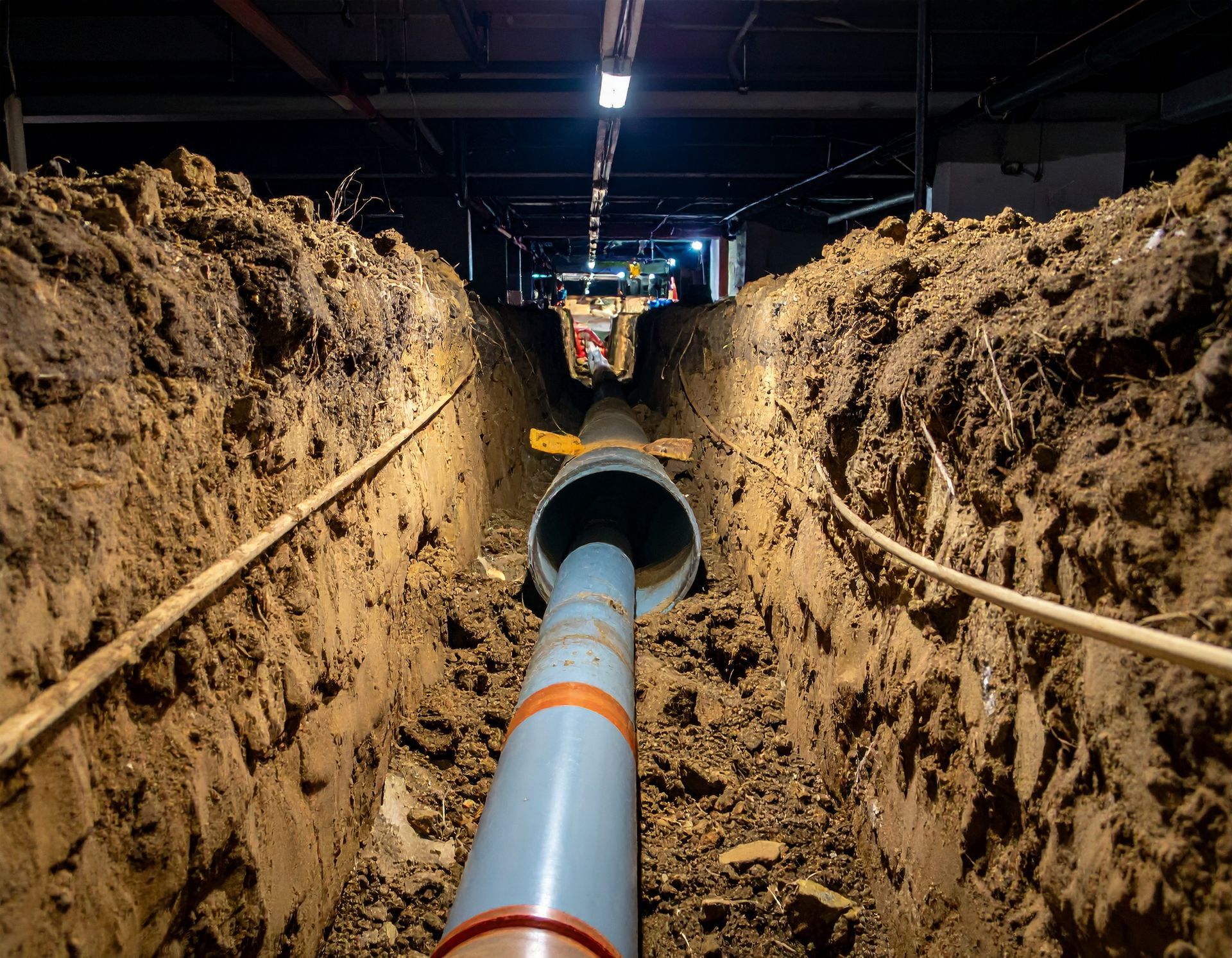 A long pipe being laid in a deep, narrow trench with dirt walls at a construction site under overhead lighting.