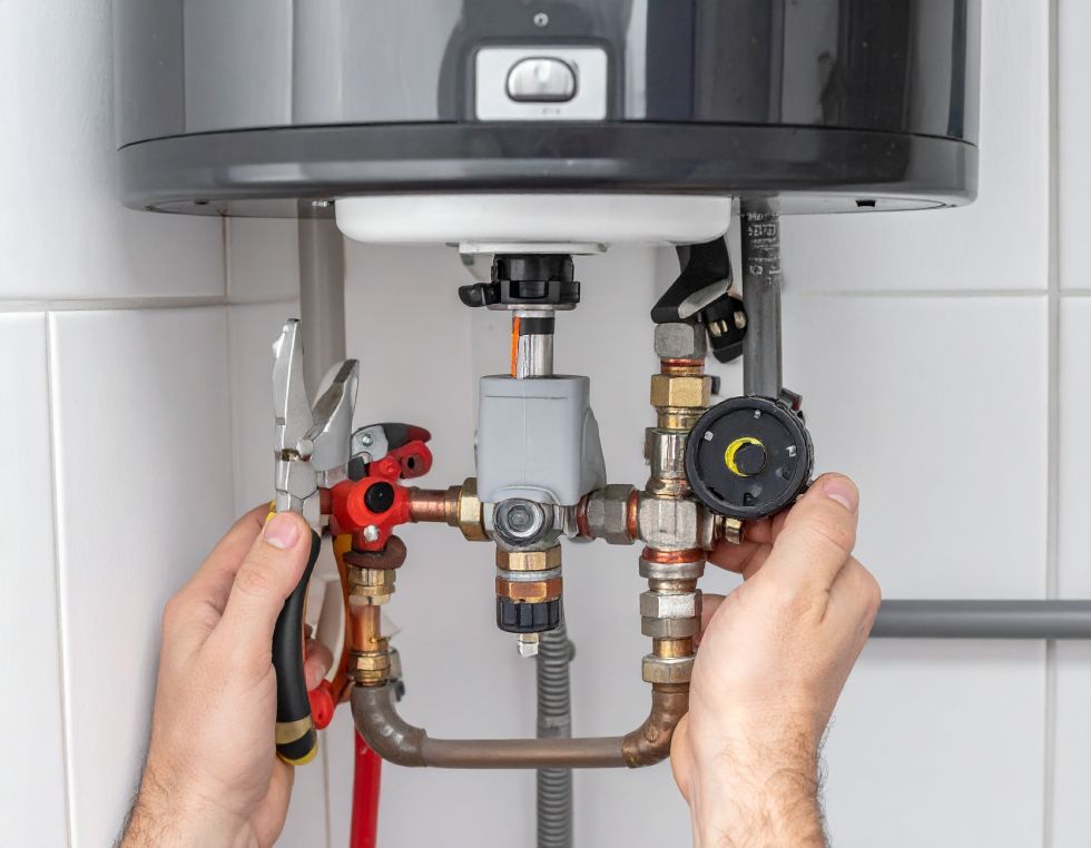 Hands working on plumbing connected to a water heater; tools visible.