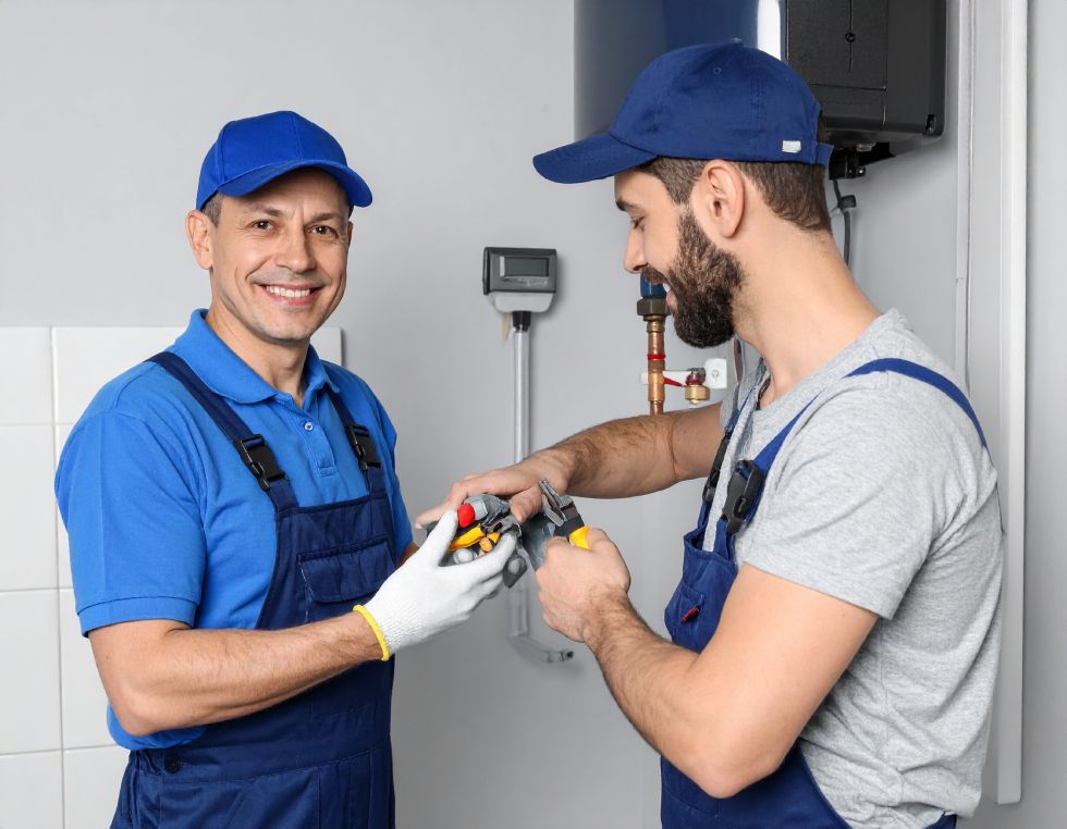 Two plumbers in blue overalls working on pipes, one smiling, the other using a wrench.