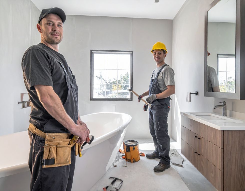 Two workers in workwear and safety gear standing in a bathroom under renovation near a bathtub and vanity.