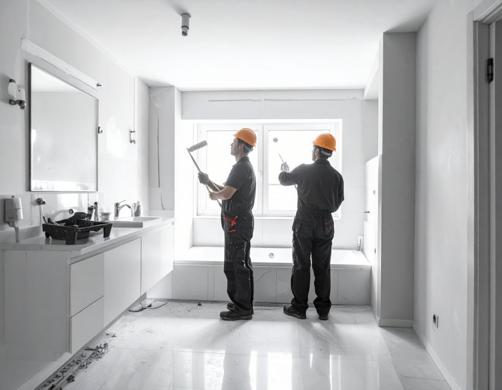 Two workers in black uniforms and orange hard hats painting the walls of a white bathroom.