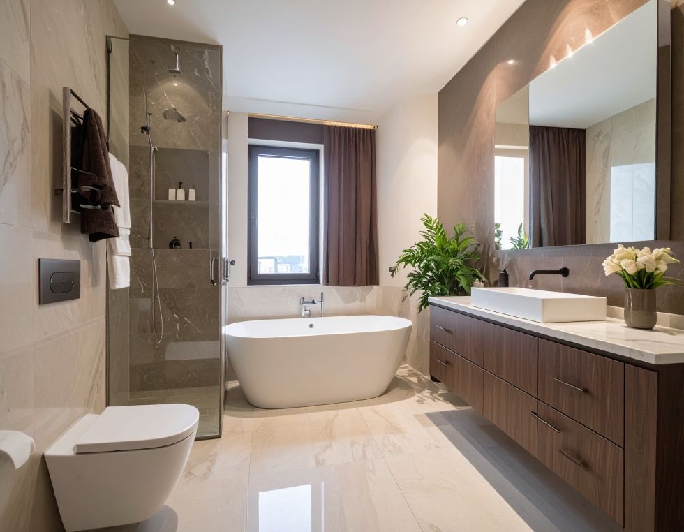 Modern bathroom with a freestanding tub, glass-enclosed shower, wall-mounted toilet, and wood vanity with a white sink.
