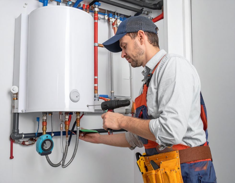 Plumber in blue cap, apron, and tool belt working on a water heater with a drill.