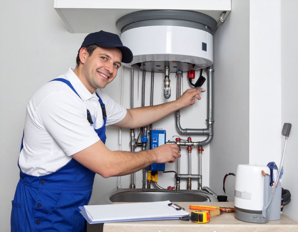 Plumber in blue overalls working on a water heater, smiling. Bright indoor setting.