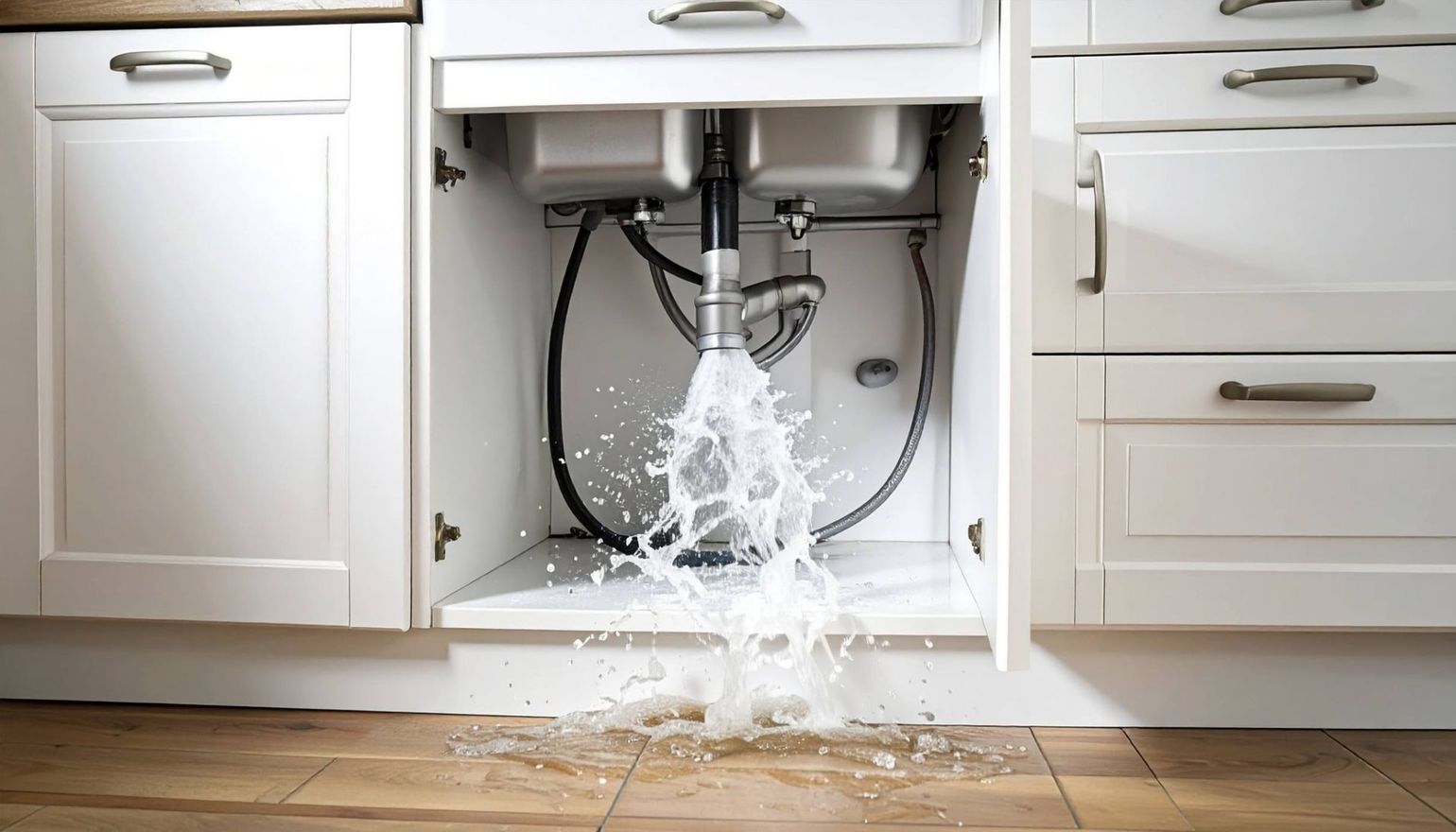 Water gushing from a disconnected drain pipe beneath a white kitchen sink cabinet, spraying onto the floor.