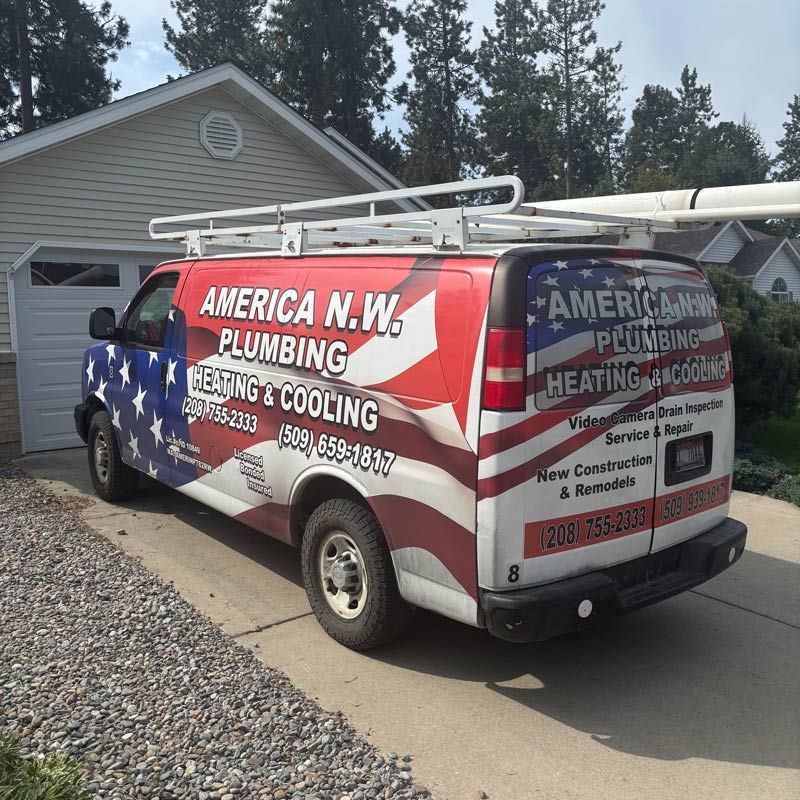 Plumbing van with American flag design parked in driveway.