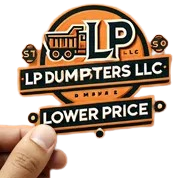 Hand holding an orange and black LP Dumpsters LLC sticker logo with “Lower Price” text
