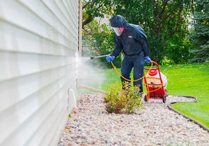 Extermination expert applying pest management solution to the exterior of a house