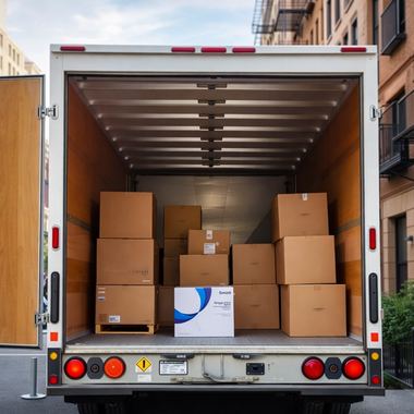 The open back of a moving truck is filled with stacked cardboard shipping boxes, including one with a blue logo.