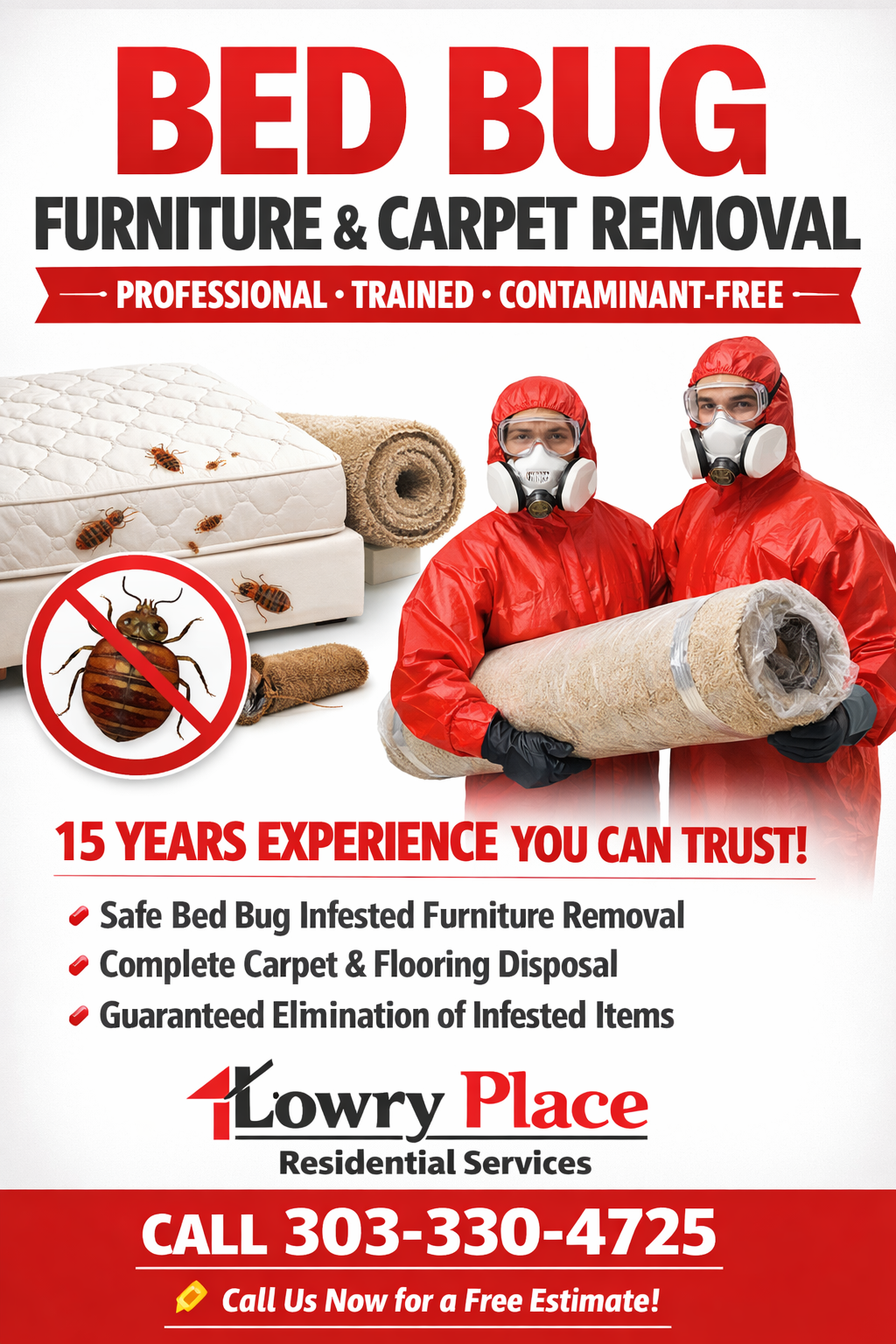 Bed bug furniture and carpet removal ad with technicians in red suits, mattress, and contact phone number