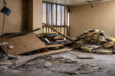 A debris-filled room with piles of wood scraps and insulation in front of a window with hanging curtains.