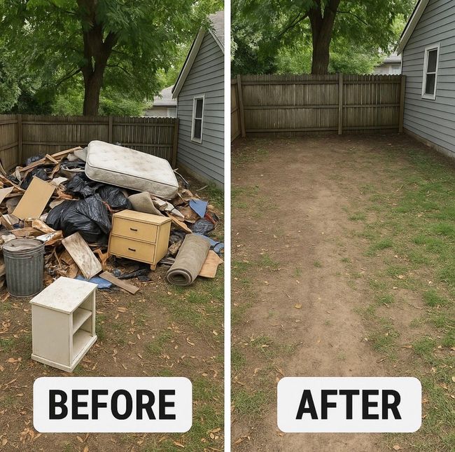 Side-by-side comparison of a backyard filled with debris, followed by the same area cleared and empty.