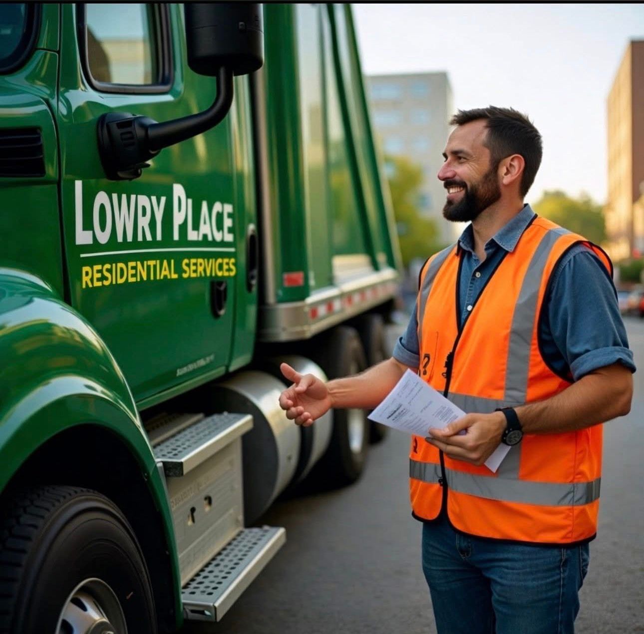 A person in an orange safety vest stands next to a green  truck.