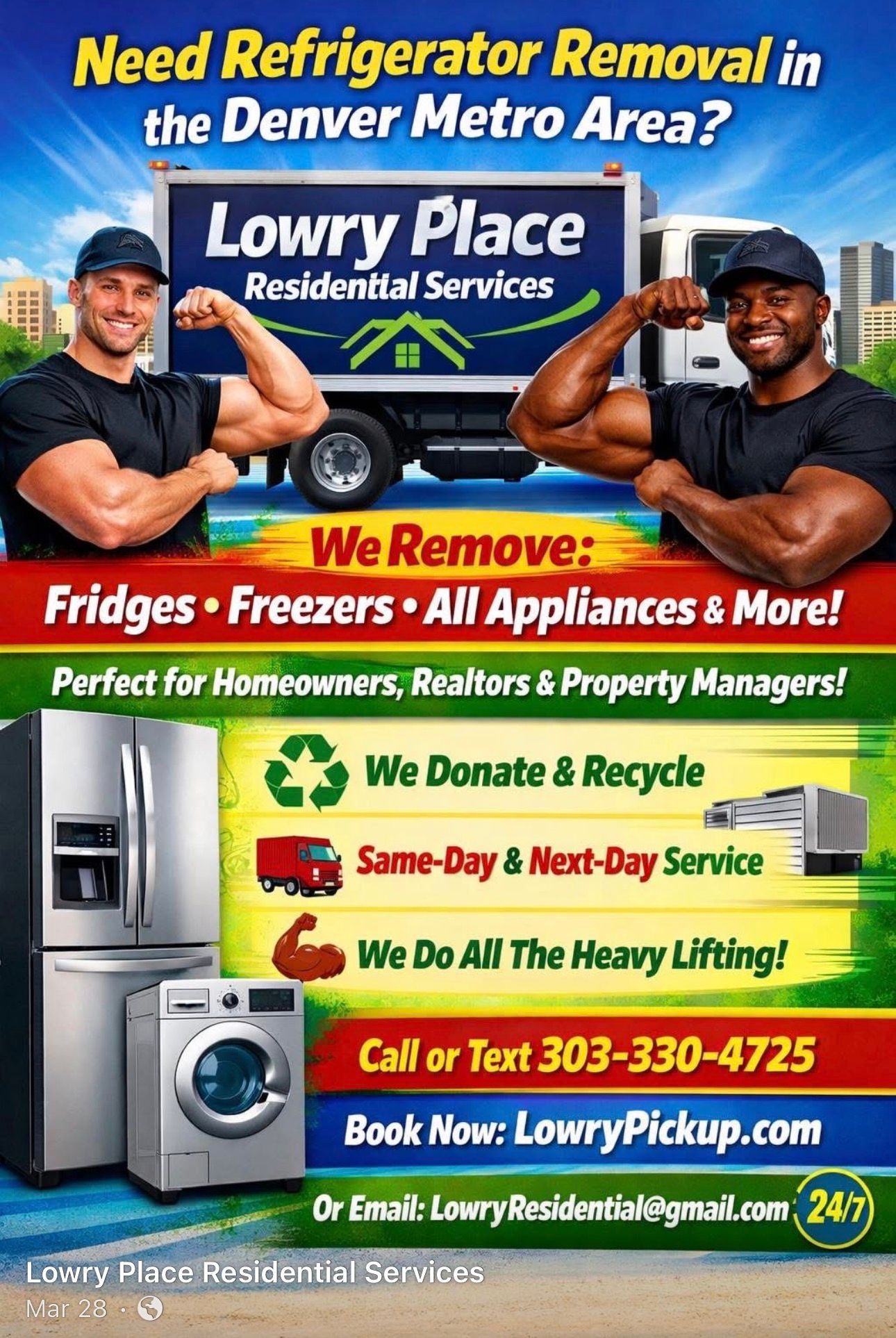 Advertisement for Lowry Place Residential Services showing two individuals flexing, a truck, and contact information.