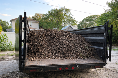 A black dump trailer filled with a large pile of dry, brown autumn leaves in a residential area.