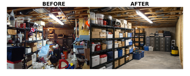 Before and after photos showing a cluttered basement storage area being organized with shelving and labeled boxes.
