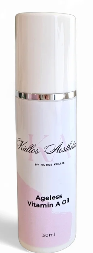A White Bottle of Ageless Vitamin a Oil on a White Background — Kàllos Aesthetics by Nurse Kellie In Urangan, QLD
