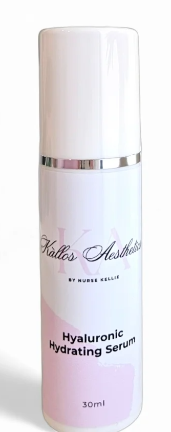 A Bottle of Hyaluronic Hydrating Serum is Sitting on a White Surface — Kàllos Aesthetics by Nurse Kellie In Urangan, QLD