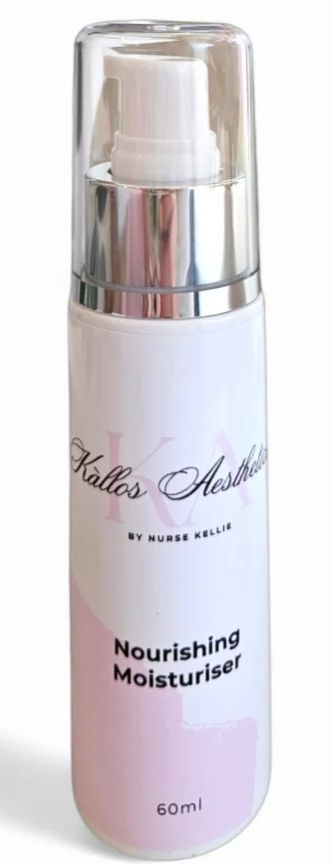 A Bottle of Nourishing Moisturizer is Sitting on a White Surface — Kàllos Aesthetics by Nurse Kellie In Urangan, QLD