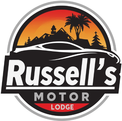 Logo for Russell's Motor Lodge, with a car silhouette, mountain scene, and text on a circular design.