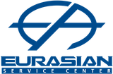 Blue logo for Eurasian Service Center with intersecting lines inside an oval shape.