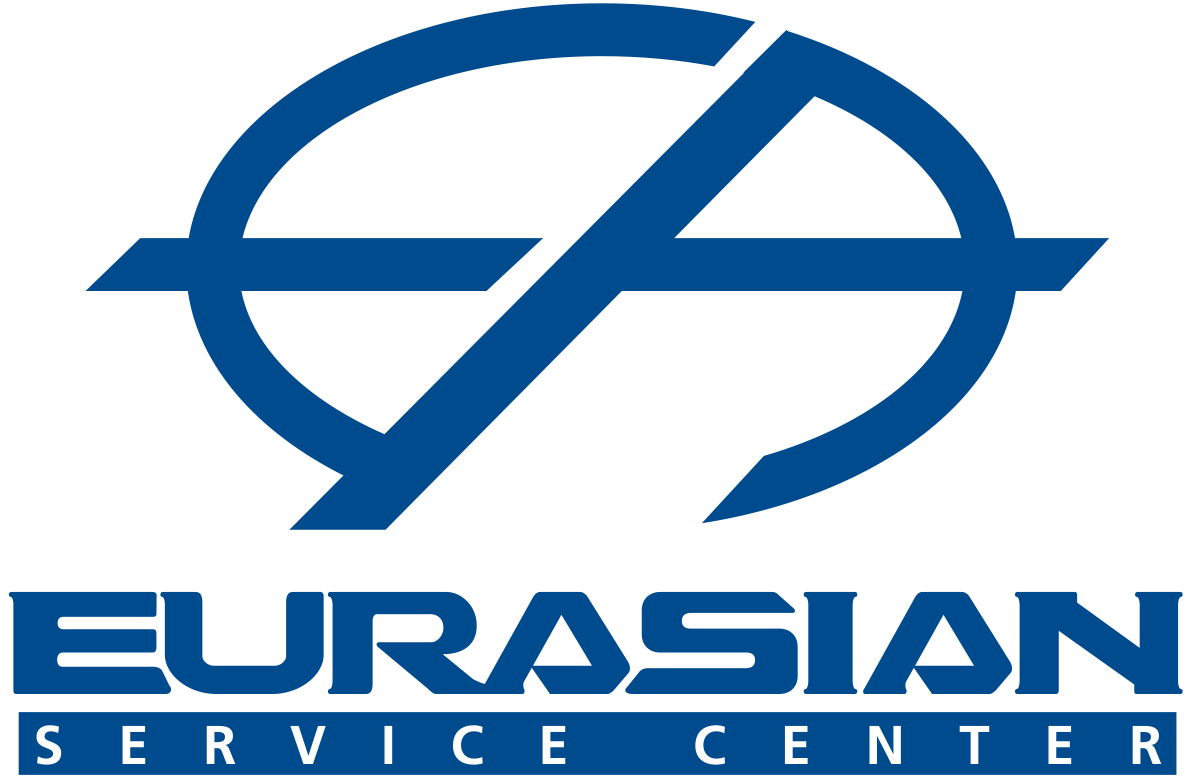 Blue logo for Eurasian Service Center with intersecting lines inside an oval shape.