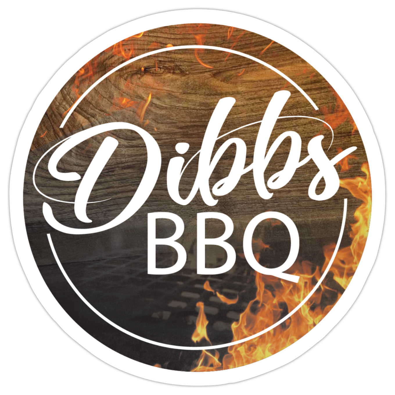 A logo for a bbq restaurant with a wooden background and flames.
