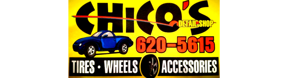 Business sign for Chico's Detail Shop featuring a blue car graphic, the phone number 620-5615