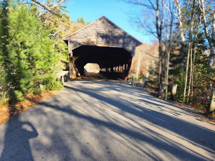 ponte coperto si trova sul lato di una strada circondata da alberi