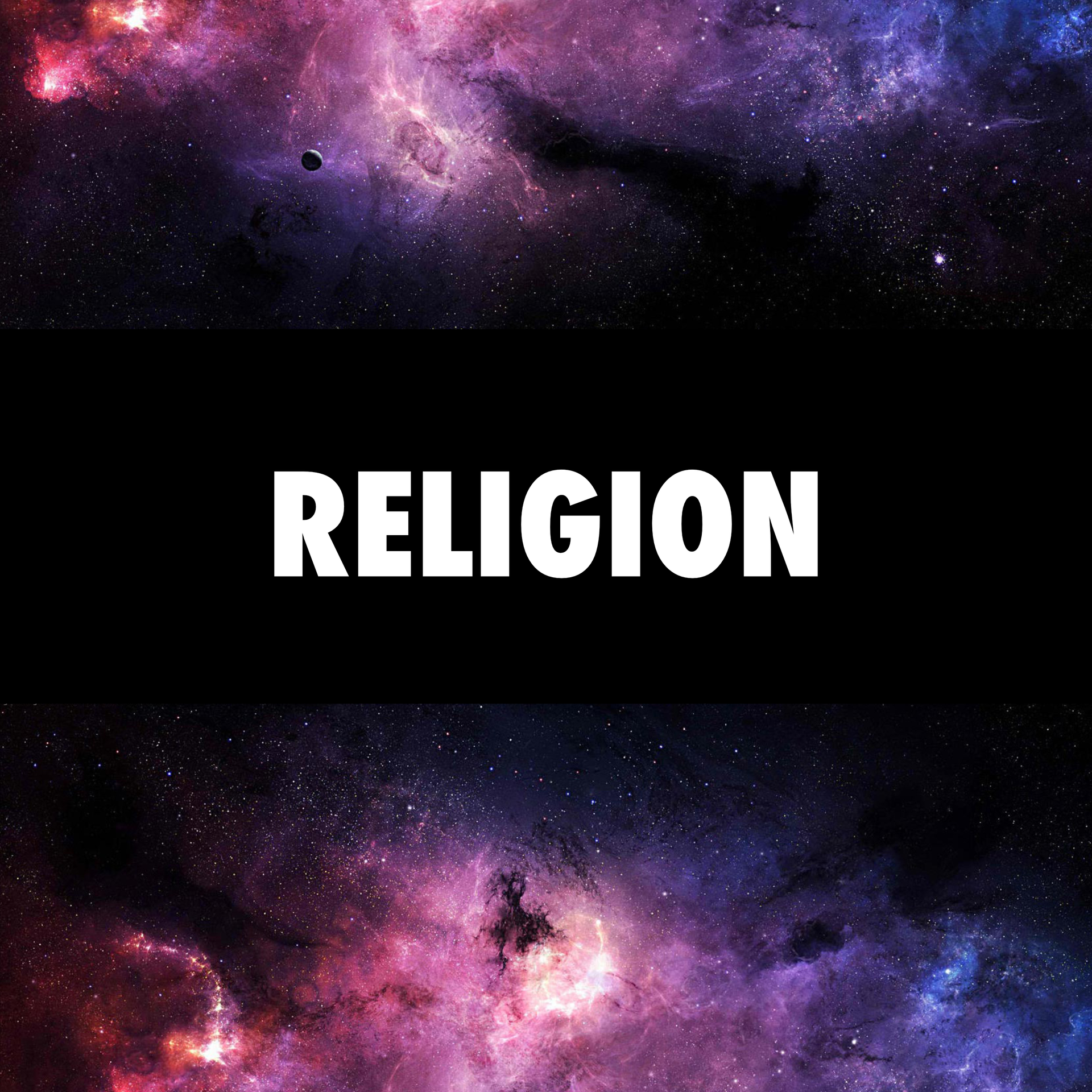 The word religion is written in white on a black background.