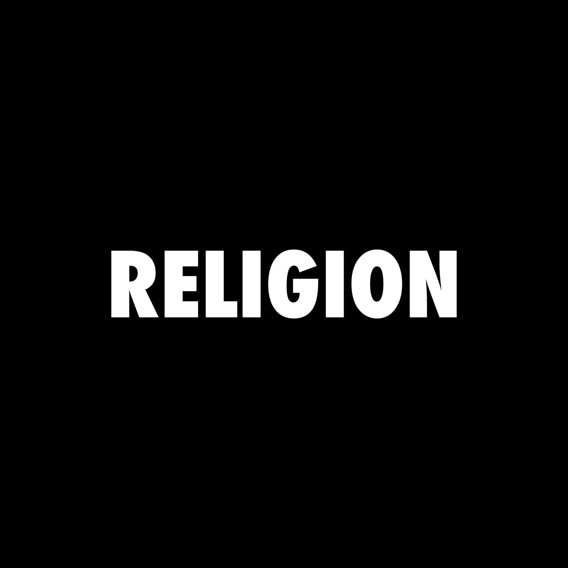 The word religion is written in white on a black background.