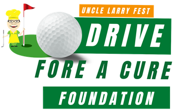 A logo for uncle larry fest with a man holding a golf club and a golf ball