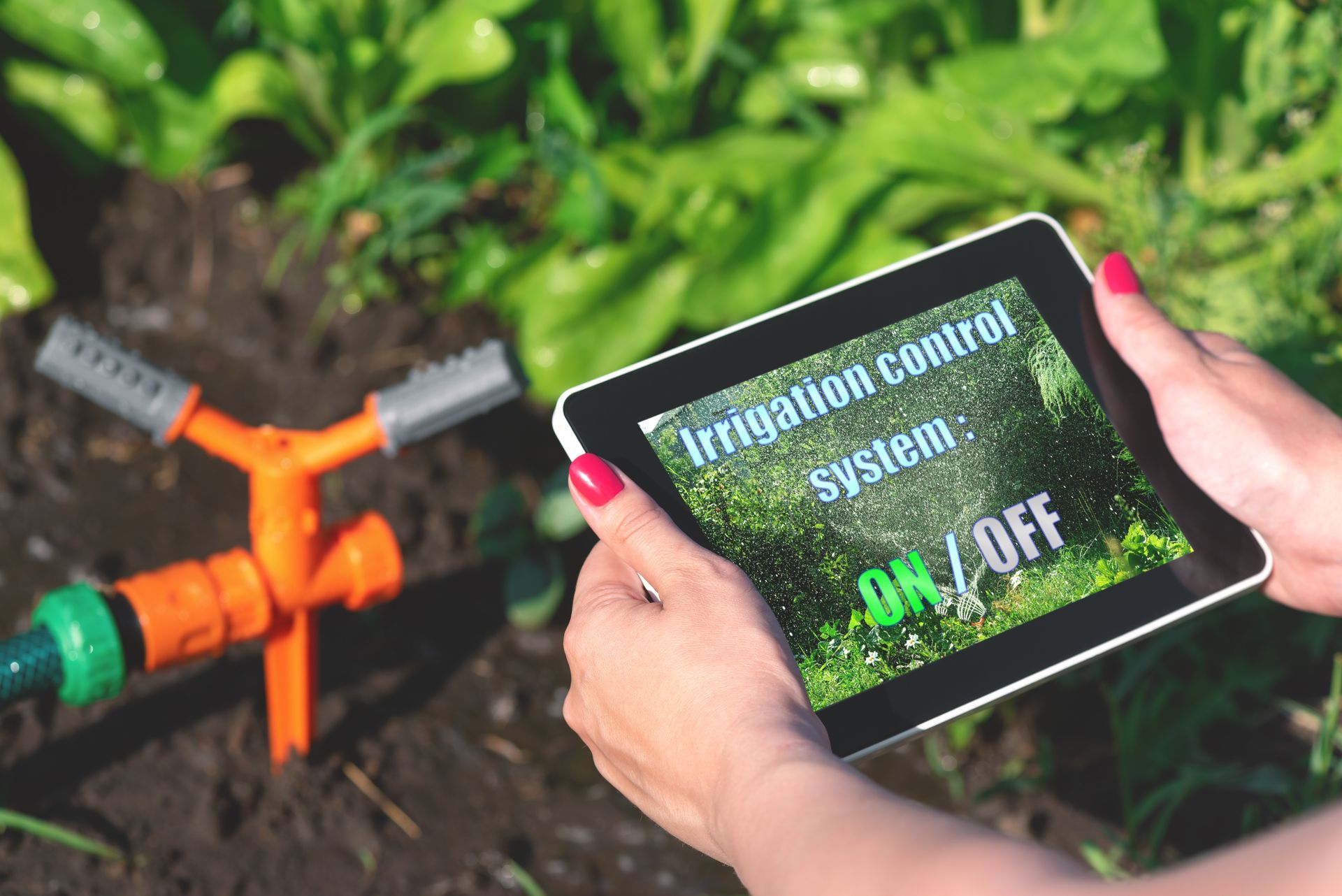 Woman using tablet to control a sprinkler system in a garden. Tablet displays