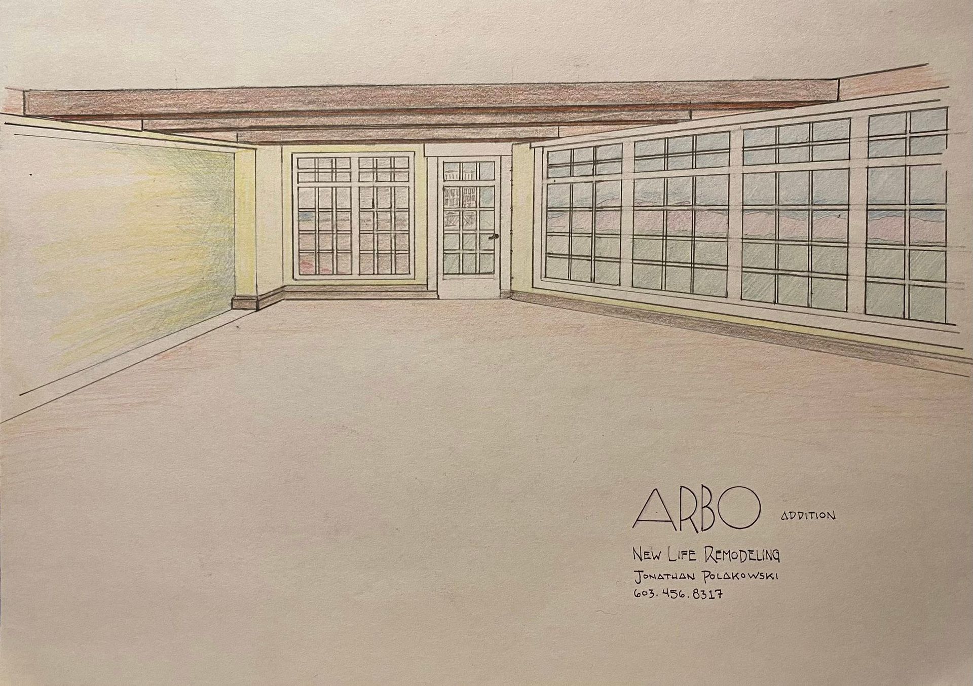 A pencil and colored sketch of an empty sunroom with large windows, a door, and wooden ceiling beams.
