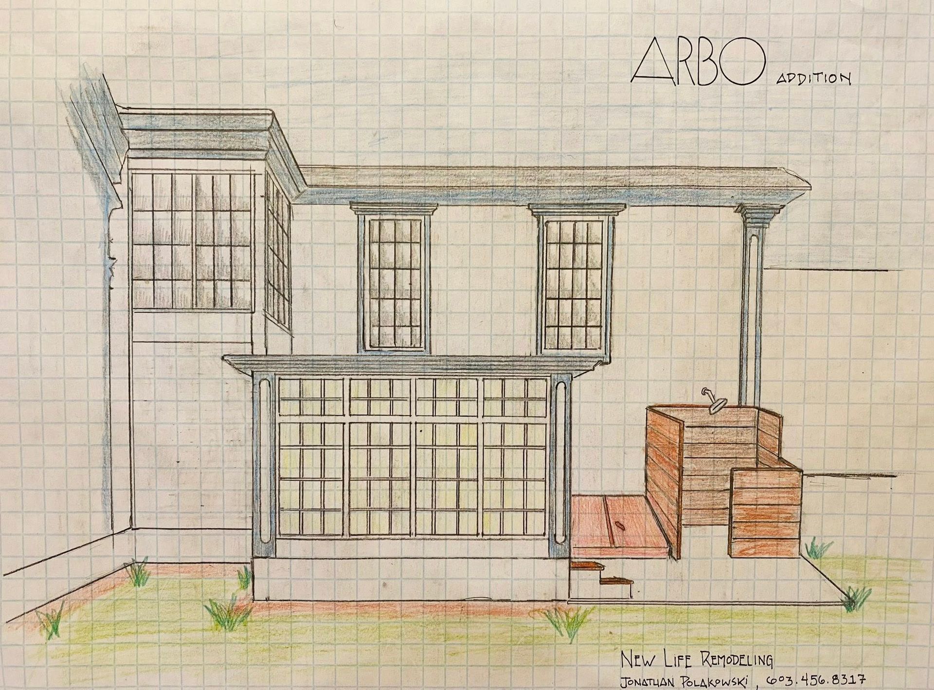 Architectural sketch on graph paper depicting a house facade with a glassed-in porch, large windows, and a wooden bench.